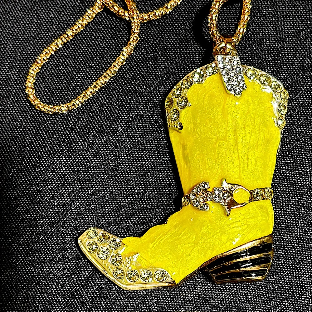 Yellow Cowboy Boot Necklace, New with Tags, on a 24” gold tone chain.